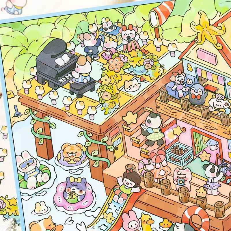 Plus Happy Town – 3D Miniature Sticker Scenes - 2 Theme Sets: Bread Workshop | Beach Party