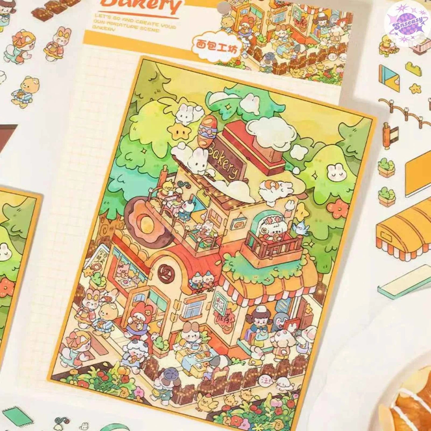 Plus Happy Town – 3D Miniature Sticker Scenes - 2 Theme Sets: Bread Workshop | Beach Party