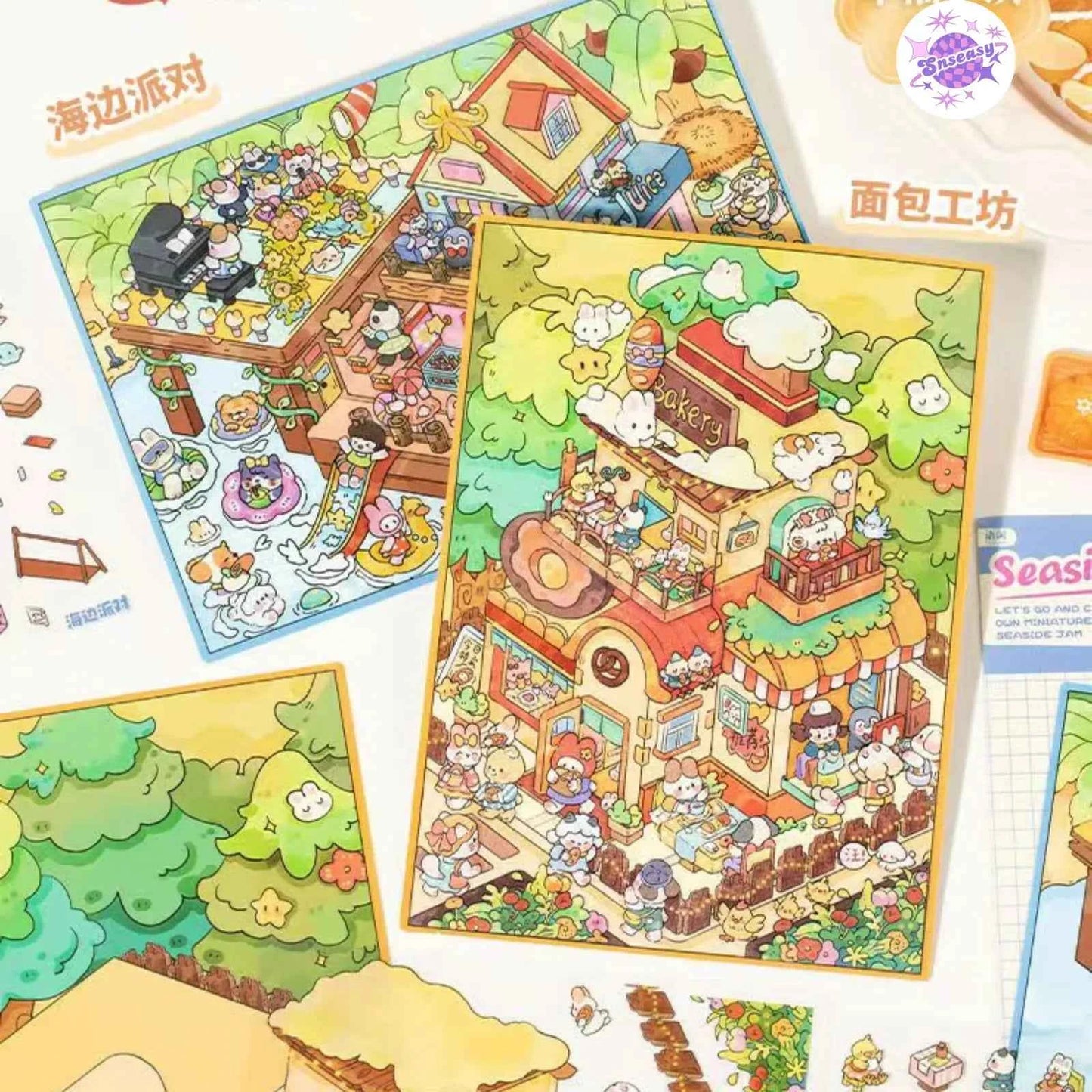 Plus Happy Town – 3D Miniature Sticker Scenes - 2 Theme Sets: Bread Workshop | Beach Party