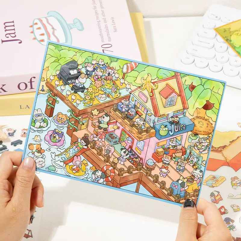 Plus Happy Town – 3D Miniature Sticker Scenes - 2 Theme Sets: Bread Workshop | Beach Party