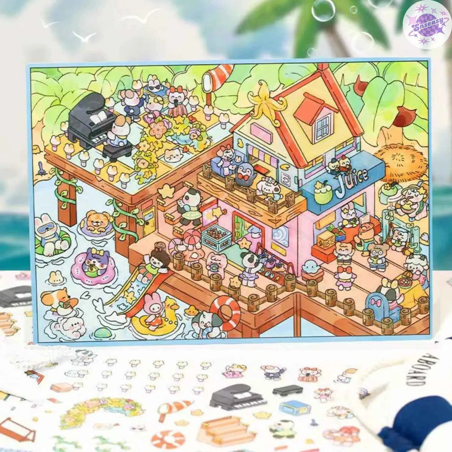 Plus Happy Town – 3D Miniature Sticker Scenes - 2 Theme Sets: Bread Workshop | Beach Party