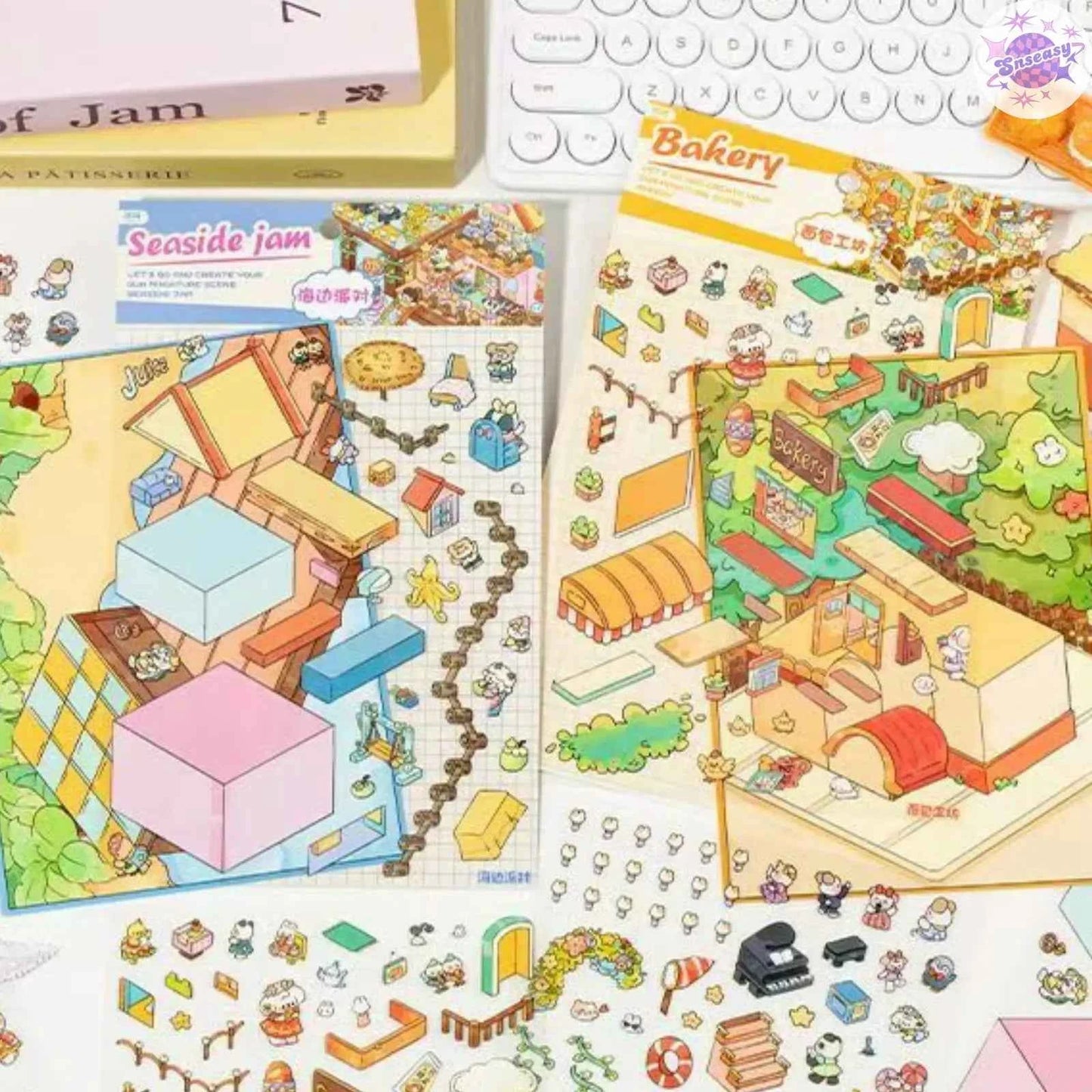 Plus Happy Town – 3D Miniature Sticker Scenes - 2 Theme Sets: Bread Workshop | Beach Party
