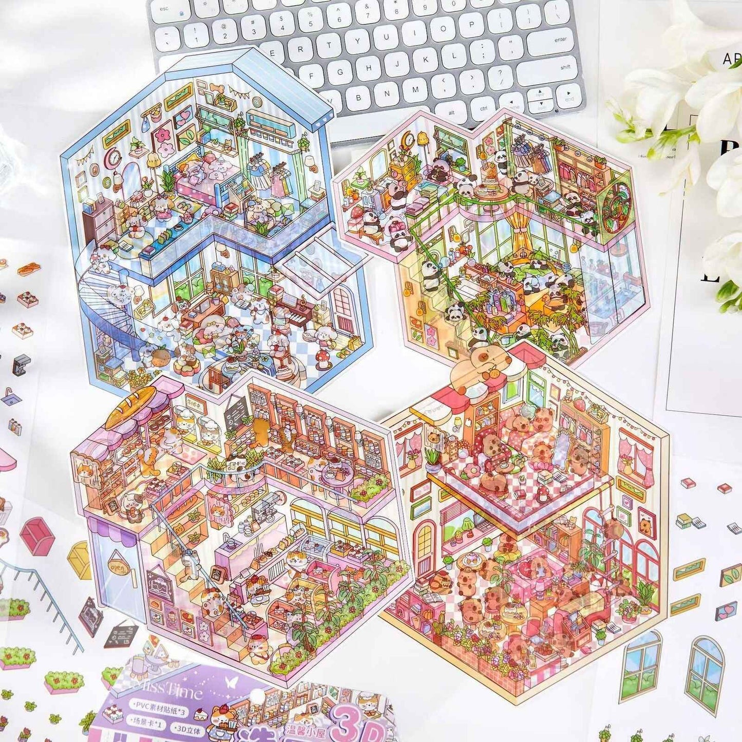 Plus Cozy Home – 3D Miniature Sticker Scenes - 4 Theme Sets: Dream Home | Capybara Home | Sweetheart Cottage | Panda House