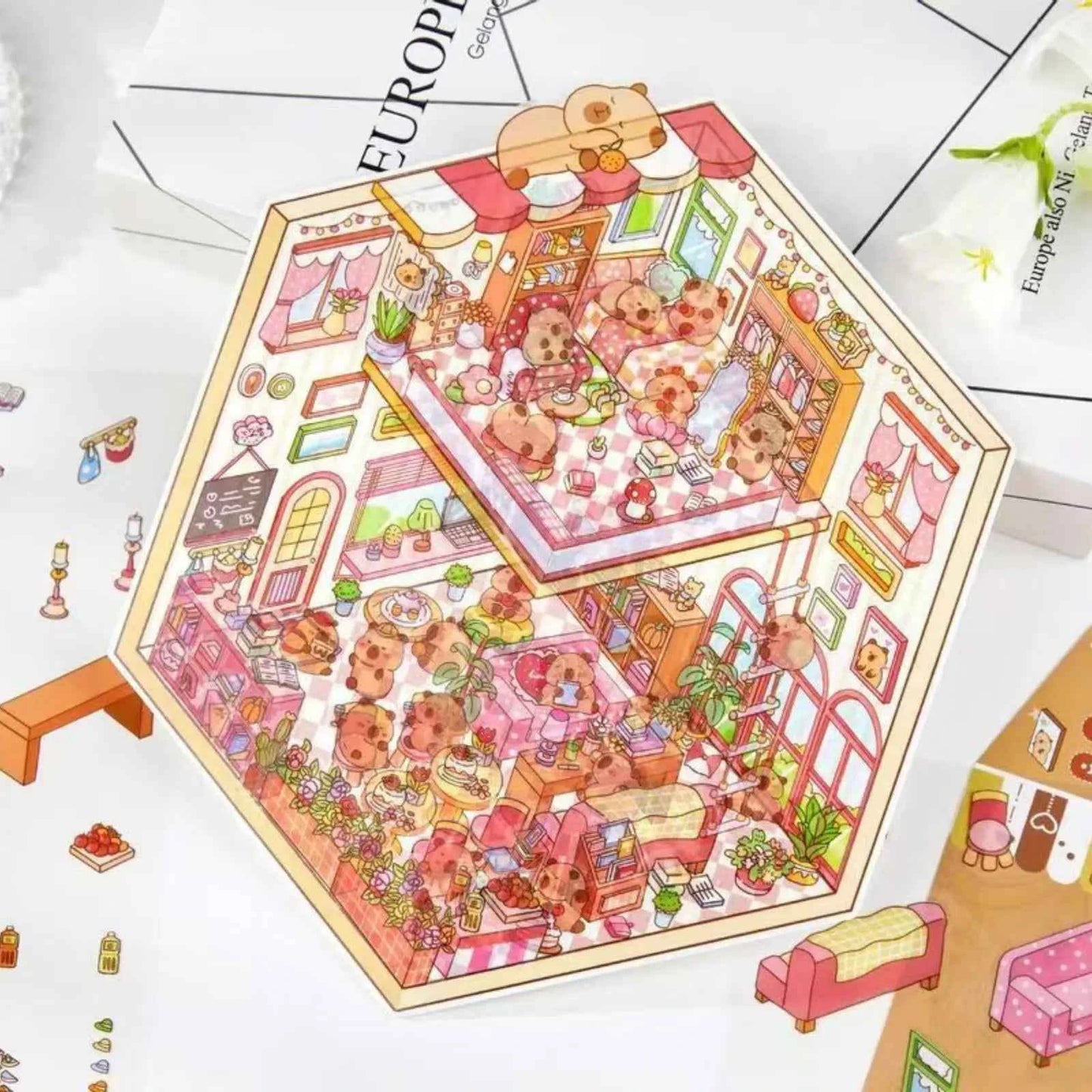 Plus Cozy Home – 3D Miniature Sticker Scenes - 4 Theme Sets: Dream Home | Capybara Home | Sweetheart Cottage | Panda House