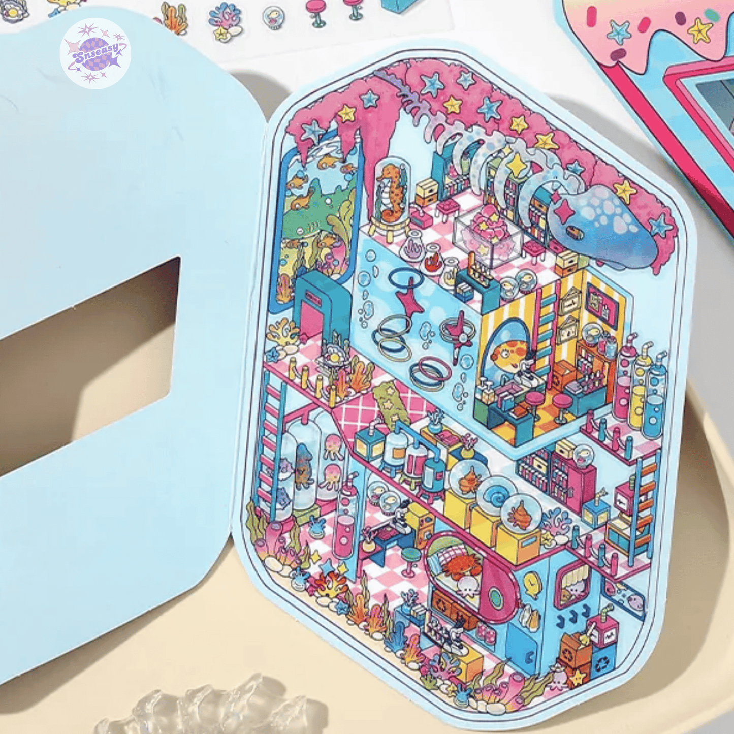 Fantasy Arcade โ Flip-Open Design 3D Sticker Set โ 4 Theme Scenes: Undersea Lab | Candy Game Center | Starry Music Hall | Crystal Gem Collector's Room