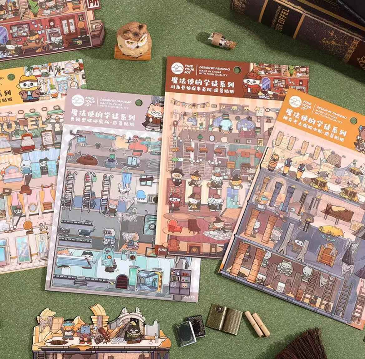 Magic Apprentice – 3D Miniature Sticker Scenes - 4 Theme Sets: Detective Agency | Mystery Hotel | Archaeological Adventure | Cat Research Institute