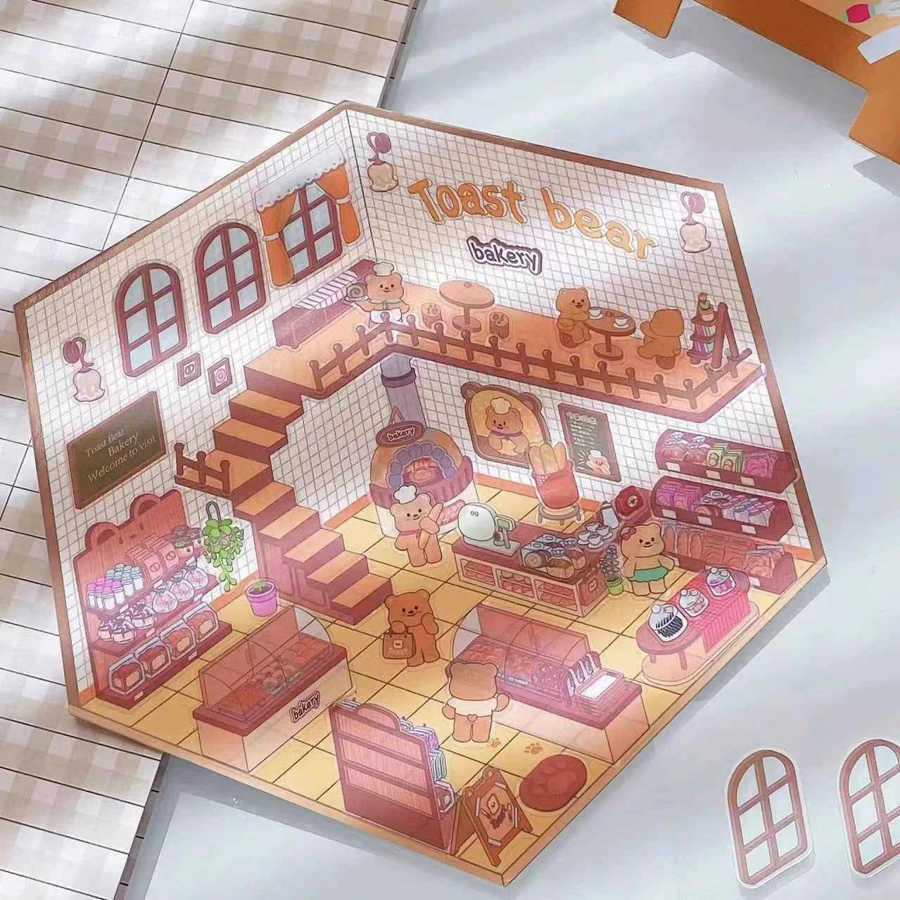 Melon Dog 3D Sticker Scenes - 4 Theme Sets: Bakery | Market | Elephant House | Toast Bear - SNSEASY