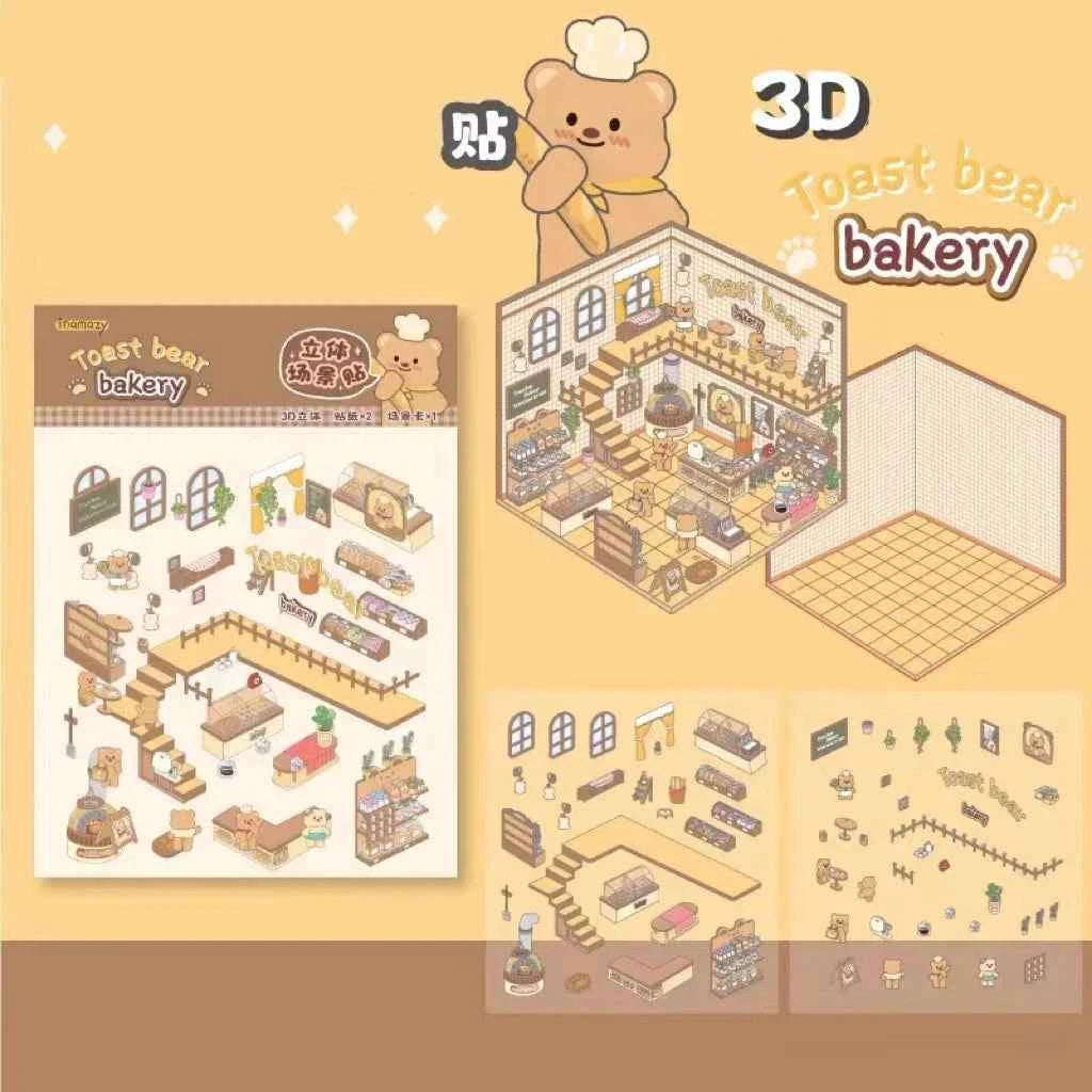 Melon Dog 3D Sticker Scenes - 4 Theme Sets: Bakery | Market | Elephant House | Toast Bear - SNSEASY