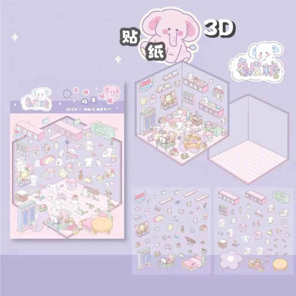 Melon Dog 3D Sticker Scenes - 4 Theme Sets: Bakery | Market | Elephant House | Toast Bear - SNSEASY