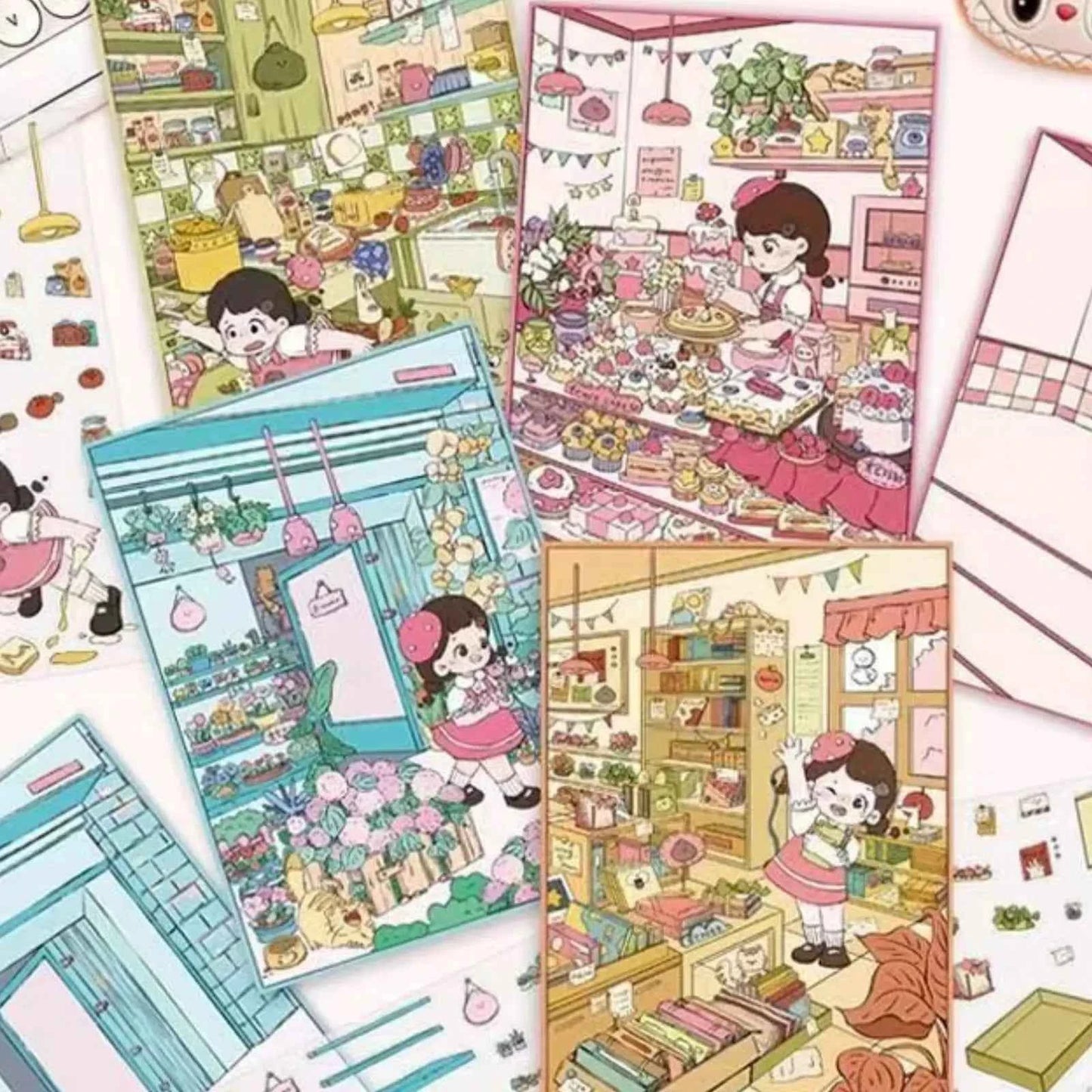 Cute Girl – 3D Miniature Sticker Scenes - 4 Theme Sets: Kitchen | Flower Shop | Art Store | Bakery