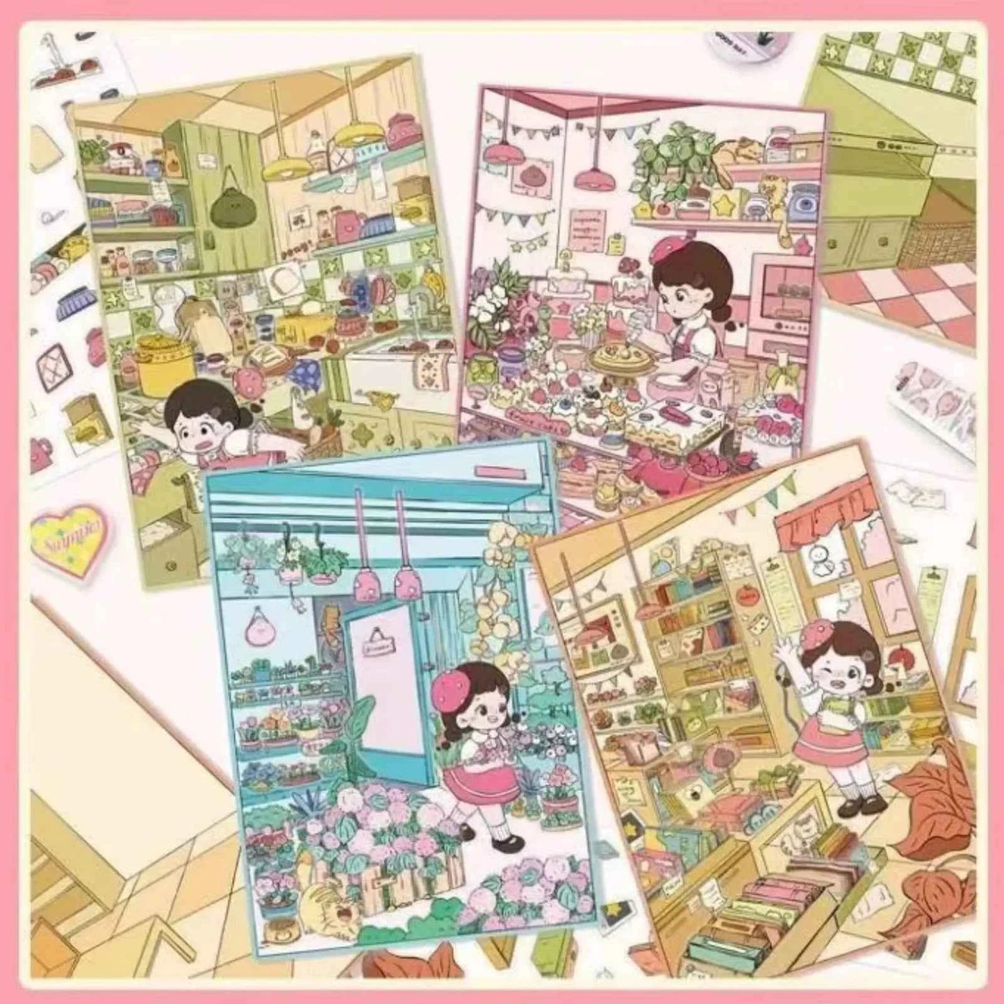 Cute Girl – 3D Miniature Sticker Scenes - 4 Theme Sets: Kitchen | Flower Shop | Art Store | Bakery