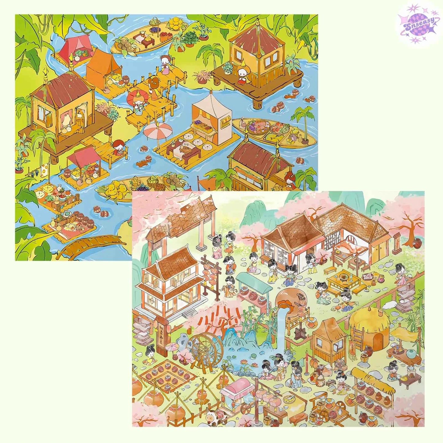 Plus Water Market – 3D Miniature Sticker Scenes - 2 Theme Sets: Water Market | Peach Garden Winery