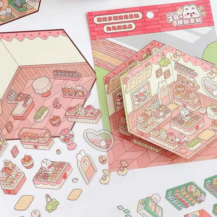 Cute Bunny 3D Isometric Room Stickers - 4 Theme Sets: Bunny Dessert Shop | Bunny Market | Bunny Bookstore | Bunny Burger Shop - SNSEASY