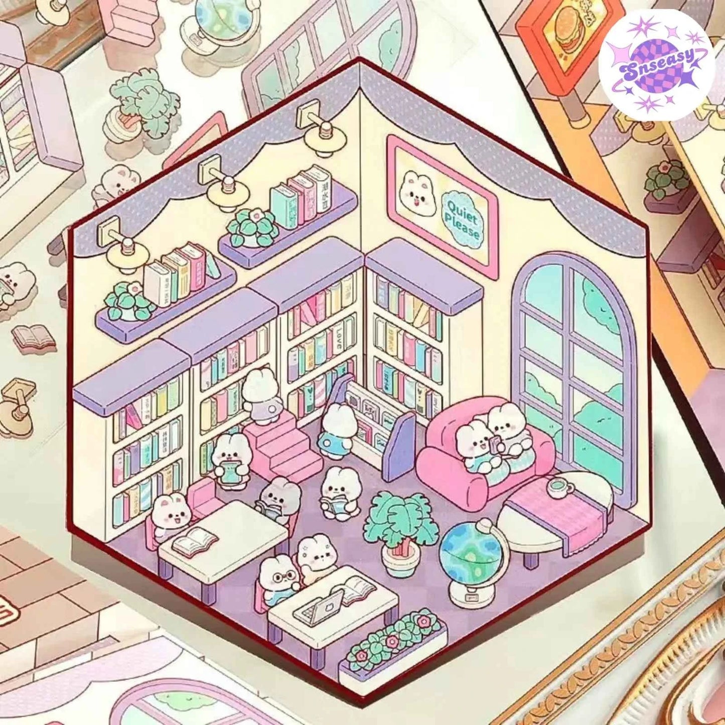 Cute Bunny 3D Isometric Room Stickers - 4 Theme Sets: Bunny Dessert Shop | Bunny Market | Bunny Bookstore | Bunny Burger Shop - SNSEASY