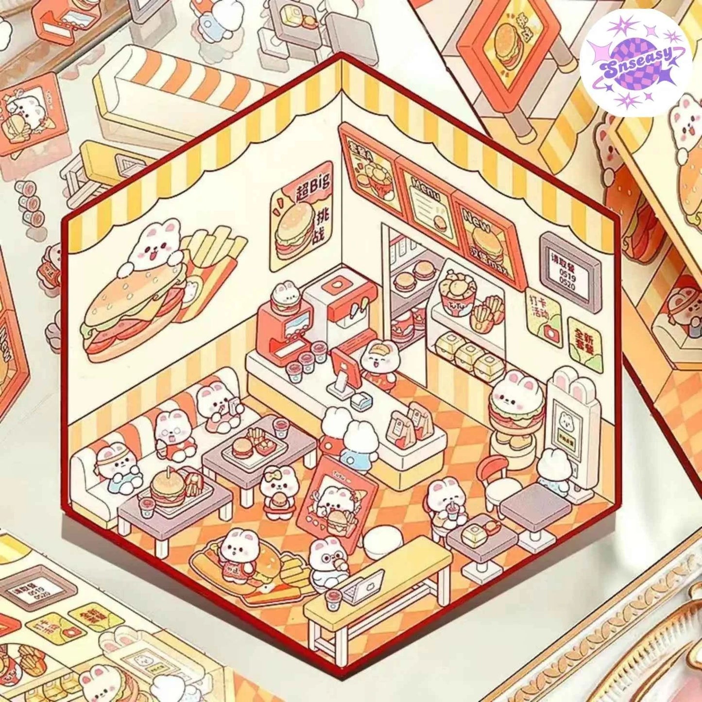 Cute Bunny 3D Isometric Room Stickers - 4 Theme Sets: Bunny Dessert Shop | Bunny Market | Bunny Bookstore | Bunny Burger Shop - SNSEASY