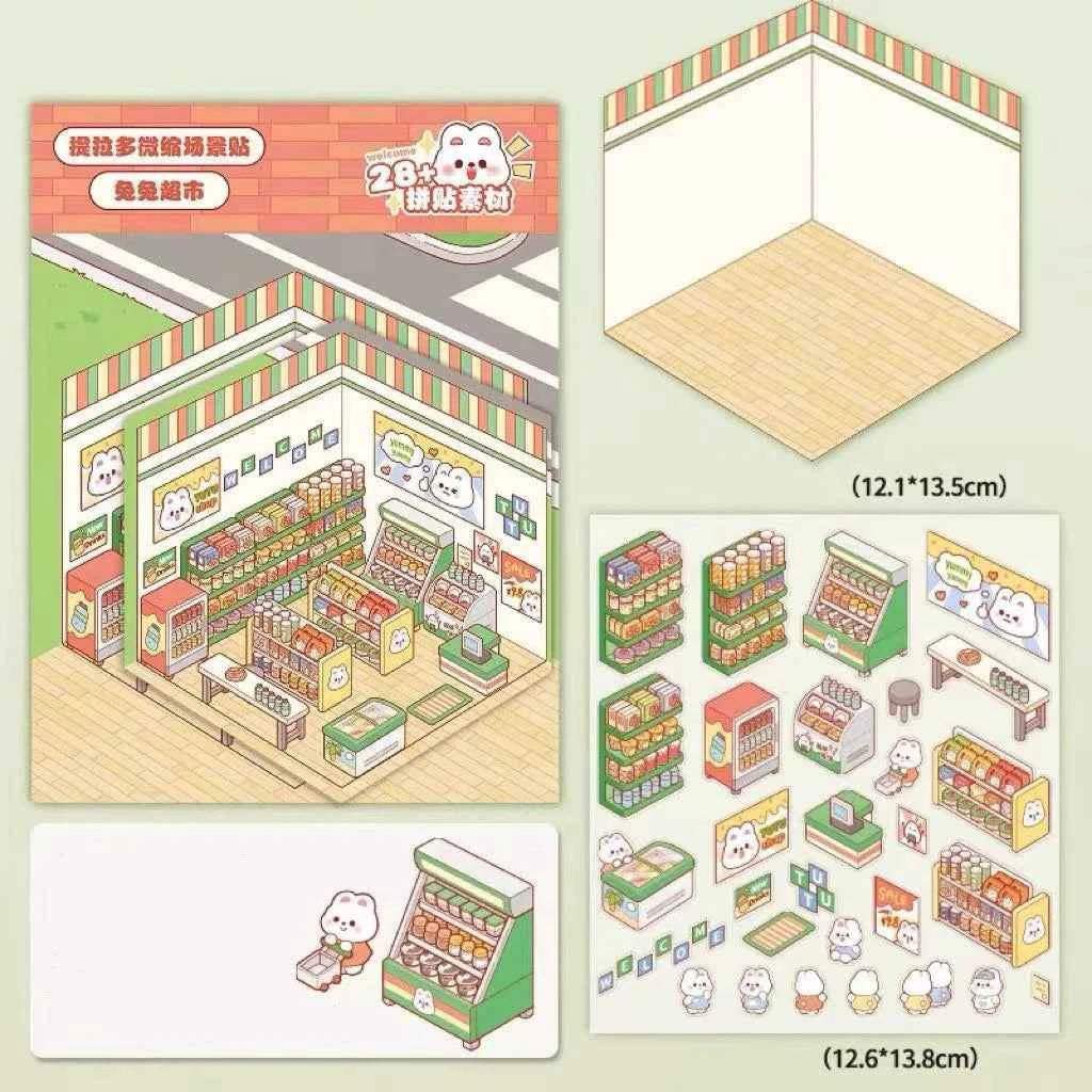Cute Bunny 3D Isometric Room Stickers - 4 Theme Sets: Bunny Dessert Shop | Bunny Market | Bunny Bookstore | Bunny Burger Shop - SNSEASY