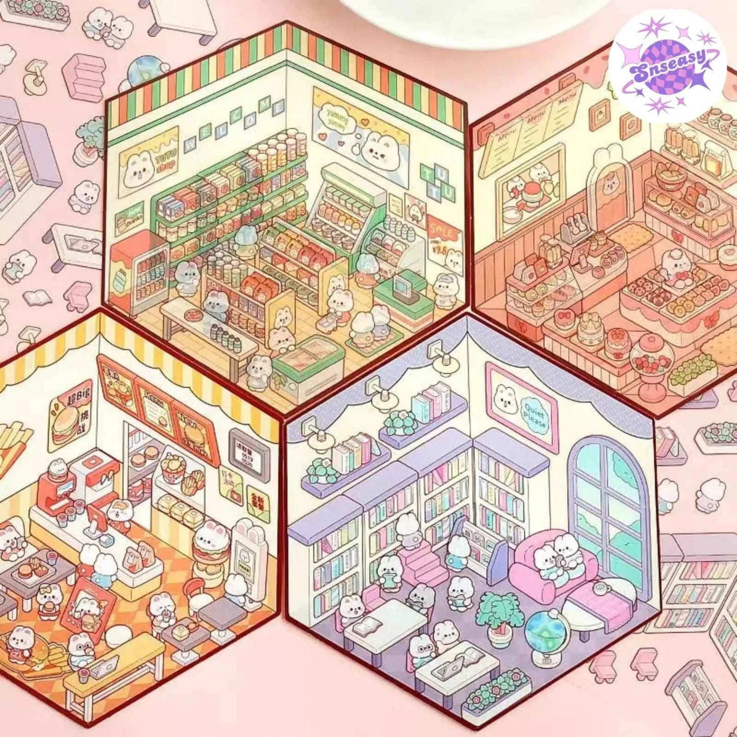 Cute Bunny 3D Isometric Room Stickers - 4 Theme Sets: Bunny Dessert Shop | Bunny Market | Bunny Bookstore | Bunny Burger Shop - SNSEASY