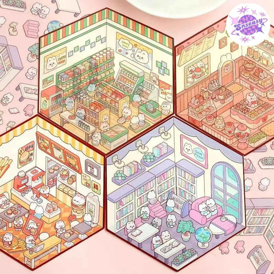 Cute Bunny 3D Isometric Room Stickers - 4 Theme Sets: Bunny Dessert Shop | Bunny Market | Bunny Bookstore | Bunny Burger Shop - SNSEASY