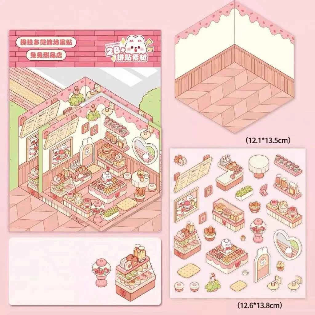 Cute Bunny 3D Isometric Room Stickers - 4 Theme Sets: Bunny Dessert Shop | Bunny Market | Bunny Bookstore | Bunny Burger Shop - SNSEASY