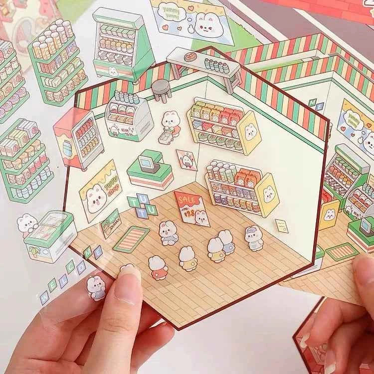 Cute Bunny 3D Isometric Room Stickers - 4 Theme Sets: Bunny Dessert Shop | Bunny Market | Bunny Bookstore | Bunny Burger Shop - SNSEASY