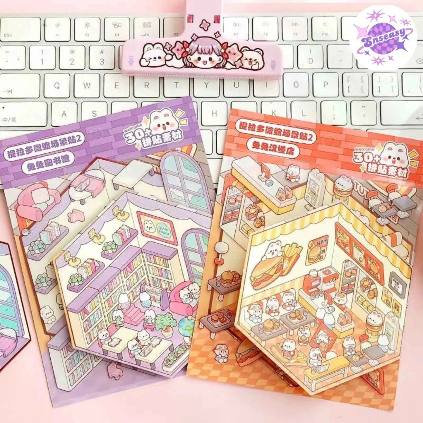 Cute Bunny 3D Isometric Room Stickers - 4 Theme Sets: Bunny Dessert Shop | Bunny Market | Bunny Bookstore | Bunny Burger Shop - SNSEASY