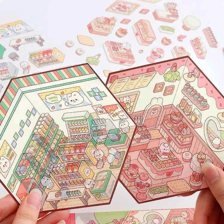 Cute Bunny 3D Isometric Room Stickers - 4 Theme Sets: Bunny Dessert Shop | Bunny Market | Bunny Bookstore | Bunny Burger Shop - SNSEASY