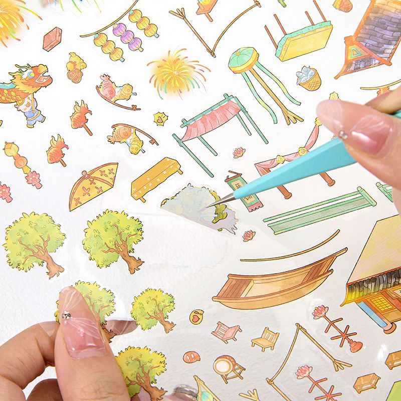 Chinese-Style Market – Plus Size 3D Miniature Sticker Scenes – 4 Theme Sets: Garden Fair | Floating Market | Forest Bazaar | Fireworks Festival