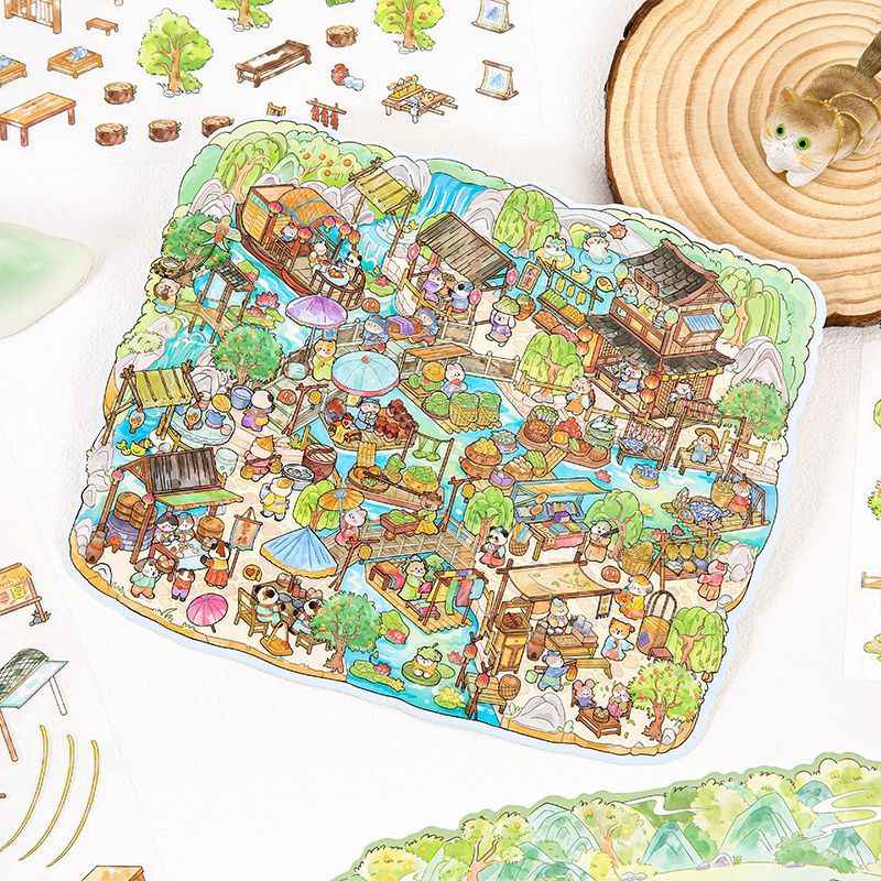 Chinese-Style Market – Plus Size 3D Miniature Sticker Scenes – 4 Theme Sets: Garden Fair | Floating Market | Forest Bazaar | Fireworks Festival