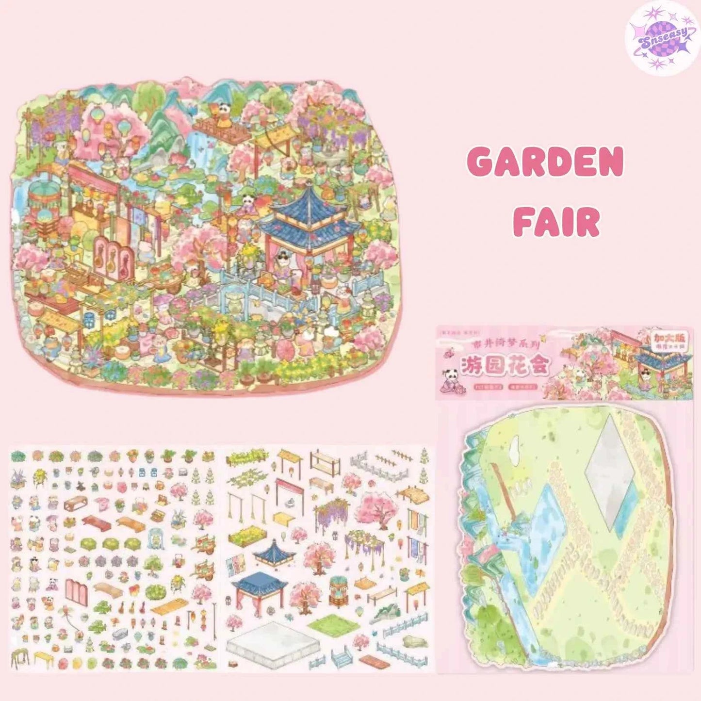 Chinese-Style Market – Plus Size 3D Miniature Sticker Scenes – 4 Theme Sets: Garden Fair | Floating Market | Forest Bazaar | Fireworks Festival