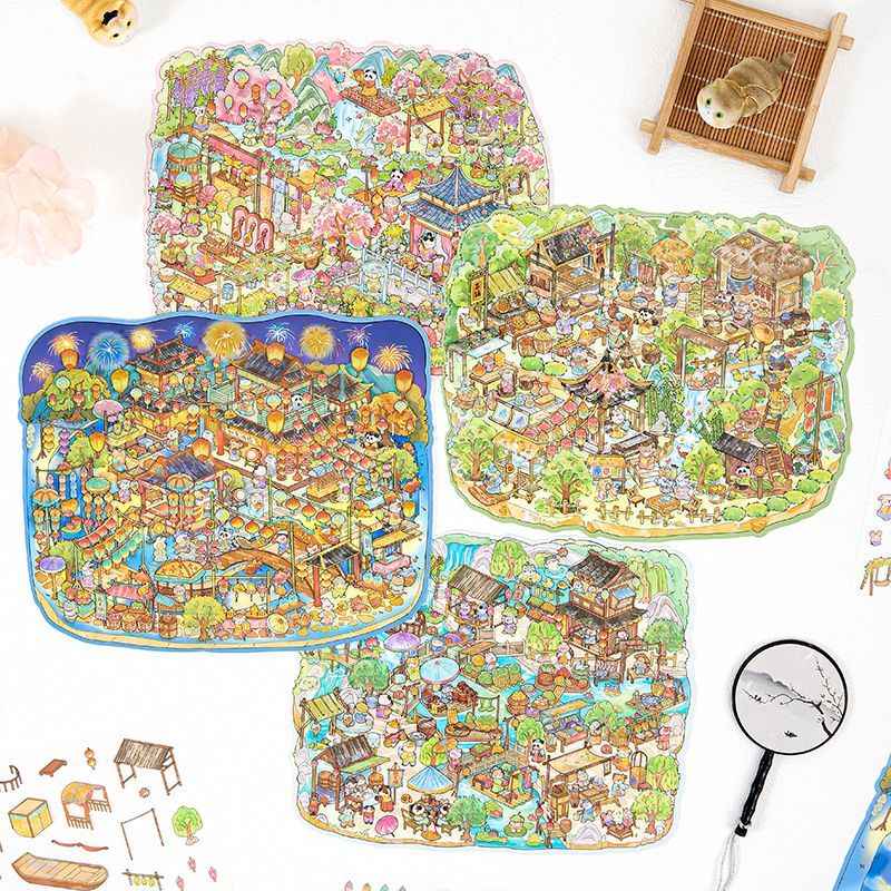 Chinese-Style Market – Plus Size 3D Miniature Sticker Scenes – 4 Theme Sets: Garden Fair | Floating Market | Forest Bazaar | Fireworks Festival