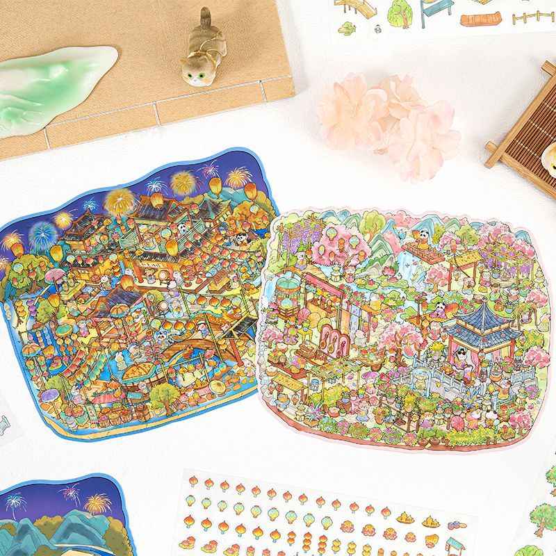 Chinese-Style Market – Plus Size 3D Miniature Sticker Scenes – 4 Theme Sets: Garden Fair | Floating Market | Forest Bazaar | Fireworks Festival