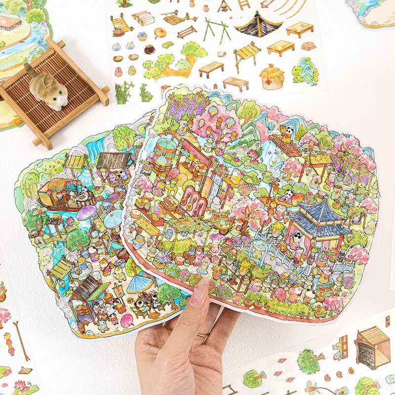 Chinese-Style Market – Plus Size 3D Miniature Sticker Scenes – 4 Theme Sets: Garden Fair | Floating Market | Forest Bazaar | Fireworks Festival
