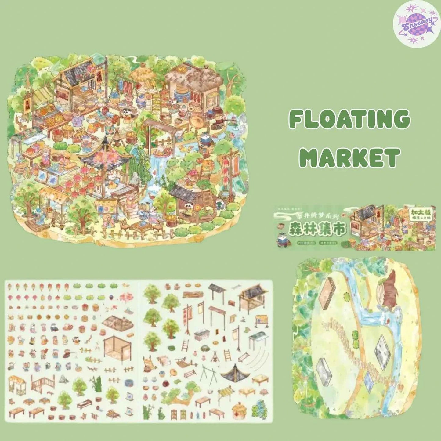 Chinese-Style Market – Plus Size 3D Miniature Sticker Scenes – 4 Theme Sets: Garden Fair | Floating Market | Forest Bazaar | Fireworks Festival