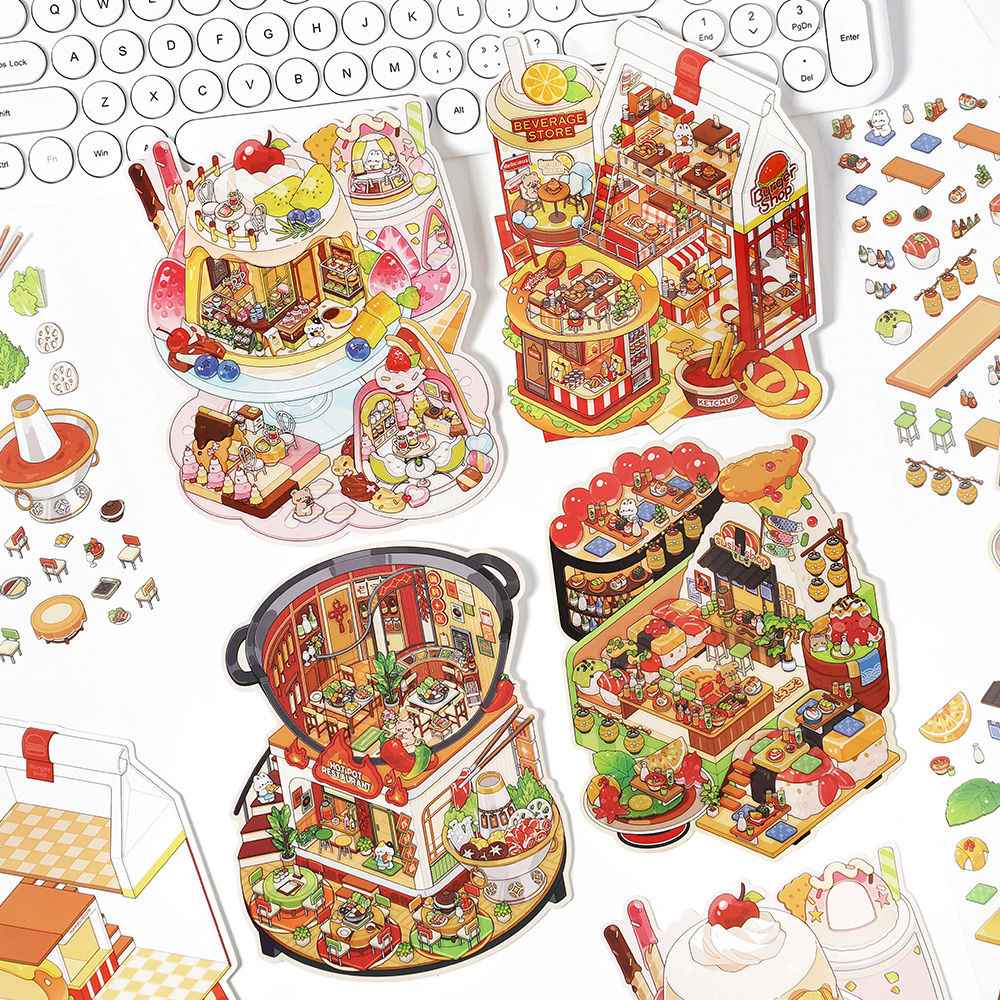 Cute Bunny Store 8.0 – Mini Shop Series 3D Sticker Scenes – 4 Theme Sets: Hot Pot Restaurant | Dessert Shop | Burger Shop | Sushi Bar