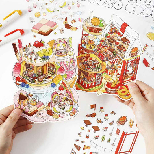 Cute Bunny Store 8.0 – Mini Shop Series 3D Sticker Scenes – 4 Theme Sets: Hot Pot Restaurant | Dessert Shop | Burger Shop | Sushi Bar