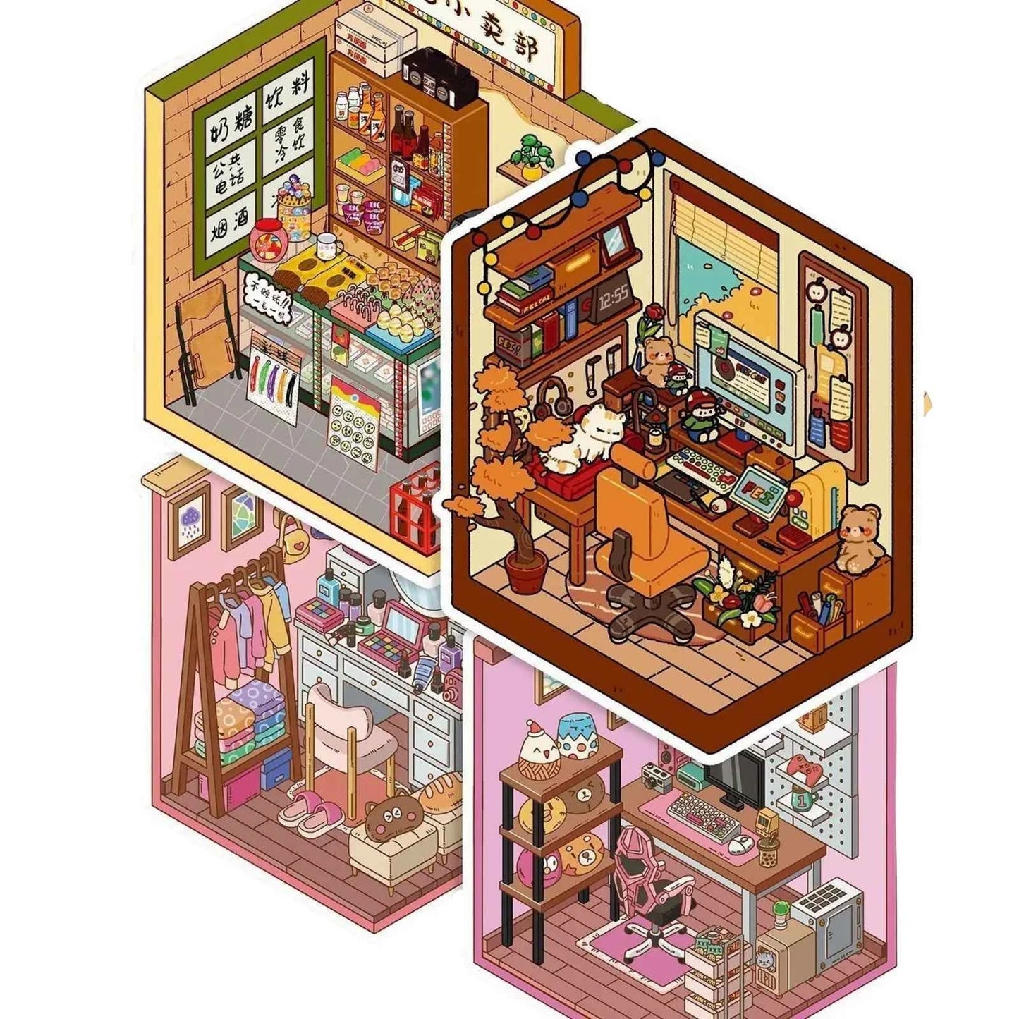 Room Corners – 3D Miniature Sticker Scenes – 4 Theme Sets: Study Corner | Time Mini Store | Cute Makeup Room | Doll Gaming Room