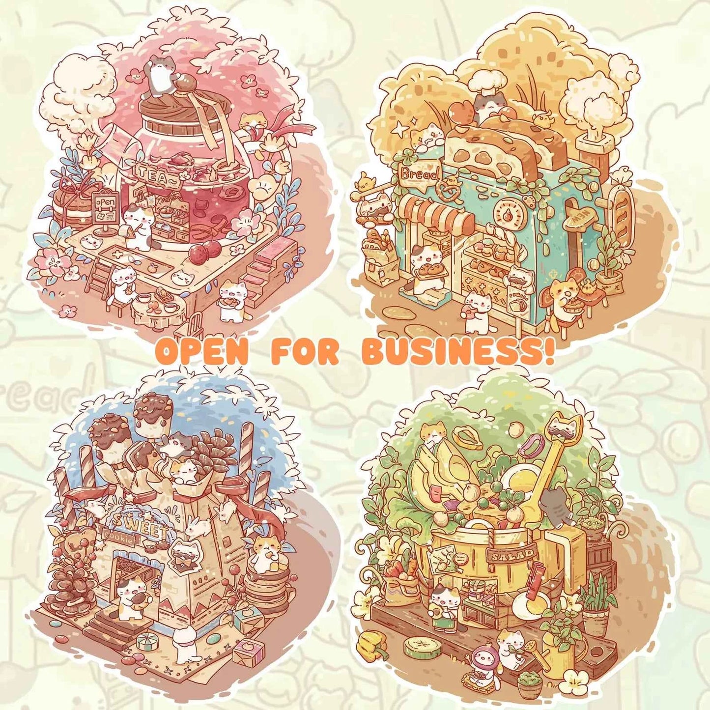 Cute Cat 6.0 β Open for Business! 3D Miniature Sticker Scenes β 4 Theme Sets: Soft Toast House | Avocado Salad | Chocolate House | Chenpi Rose Teapot