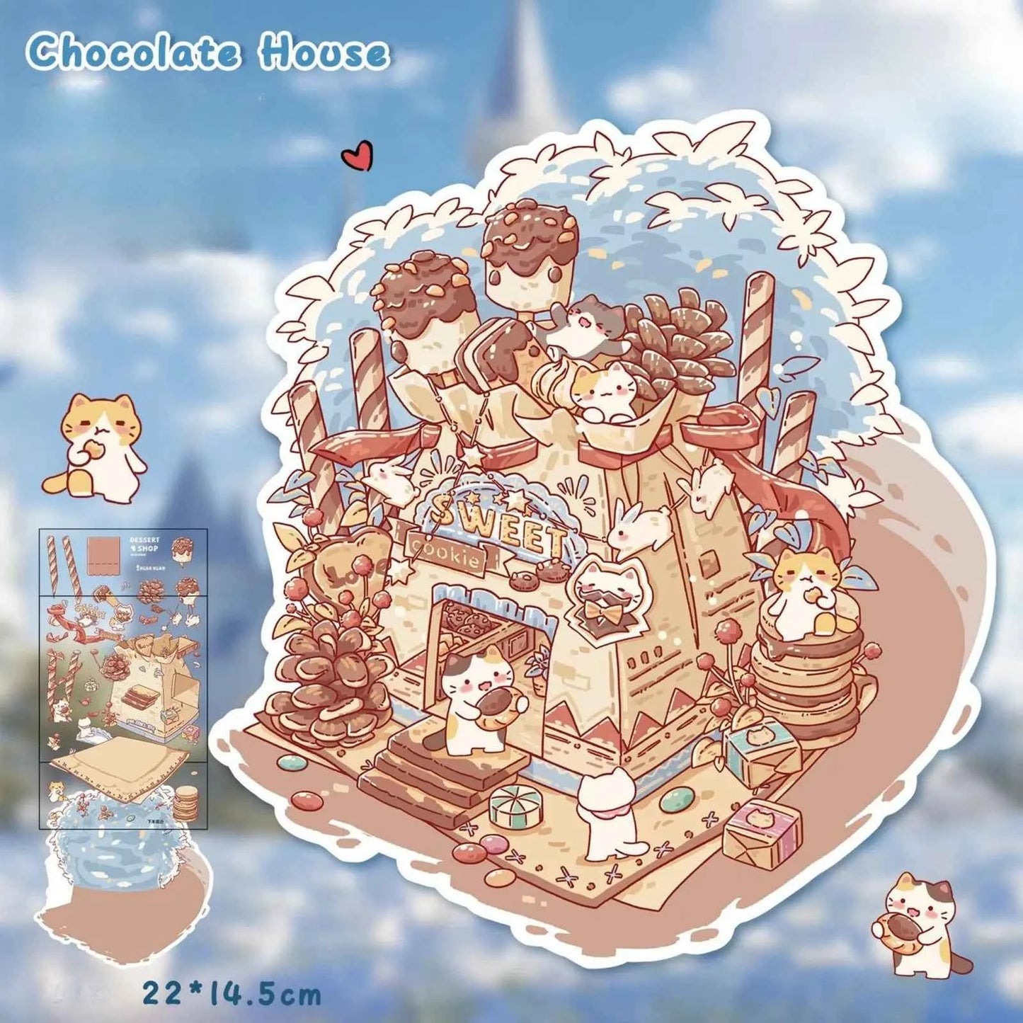 Cute Cat 6.0 β Open for Business! 3D Miniature Sticker Scenes β 4 Theme Sets: Soft Toast House | Avocado Salad | Chocolate House | Chenpi Rose Teapot