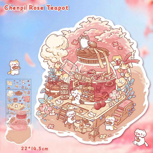 Cute Cat 6.0 – Open for Business! 3D Miniature Sticker Scenes – 4 Theme Sets: Soft Toast House | Avocado Salad | Chocolate House | Chenpi Rose Teapot