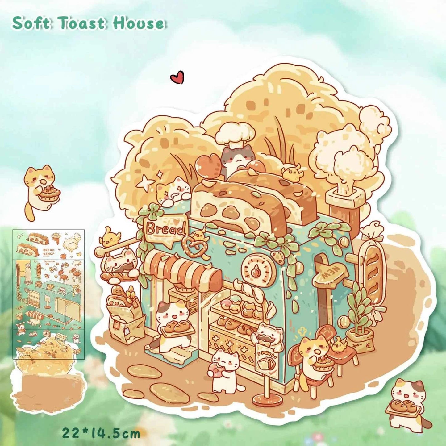 Cute Cat 6.0 β Open for Business! 3D Miniature Sticker Scenes β 4 Theme Sets: Soft Toast House | Avocado Salad | Chocolate House | Chenpi Rose Teapot
