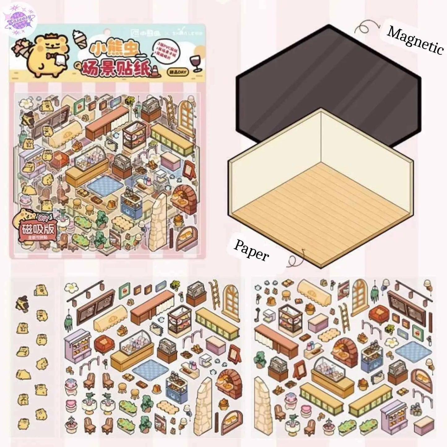 A Day with Cute Bear β 3D Scene Sticker with Bonus Magnetic Sheet β 4 Theme Sets: Stay-at-Home | Work | Camping | Desserts