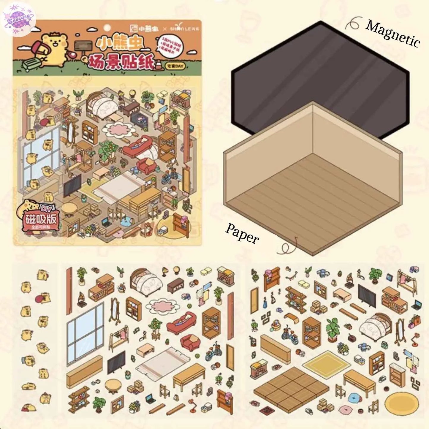 A Day with Cute Bear β 3D Scene Sticker with Bonus Magnetic Sheet β 4 Theme Sets: Stay-at-Home | Work | Camping | Desserts
