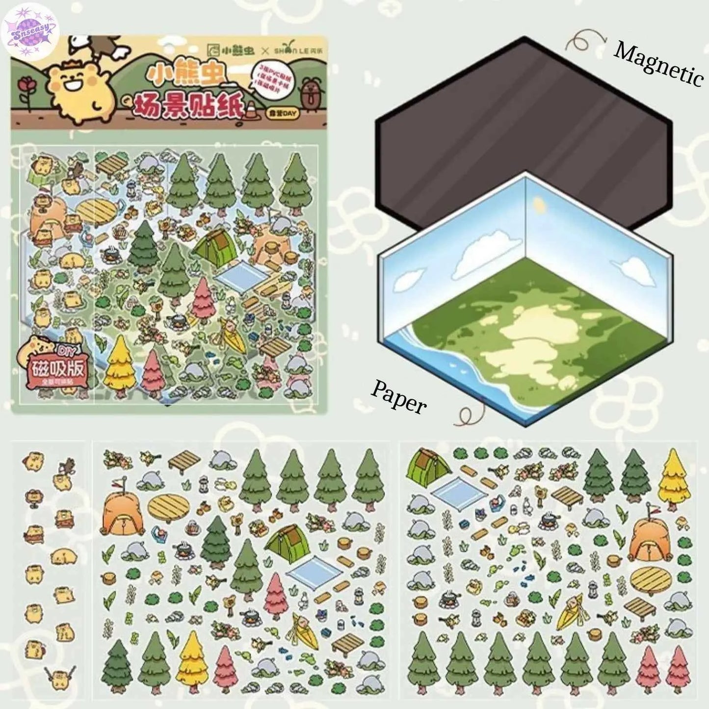 A Day with Cute Bear β 3D Scene Sticker with Bonus Magnetic Sheet β 4 Theme Sets: Stay-at-Home | Work | Camping | Desserts