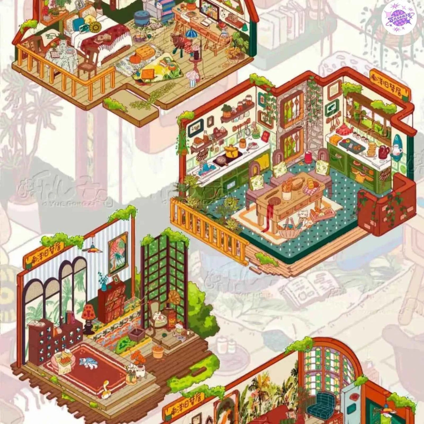 Nanyang Series – 3D Miniature Sticker Scenes - 5 Theme Sets: Nanyang Living Room | Nanyang Foyer | Nanyang Bedroom | Nanyang Kitchen | Van Gogh Studio