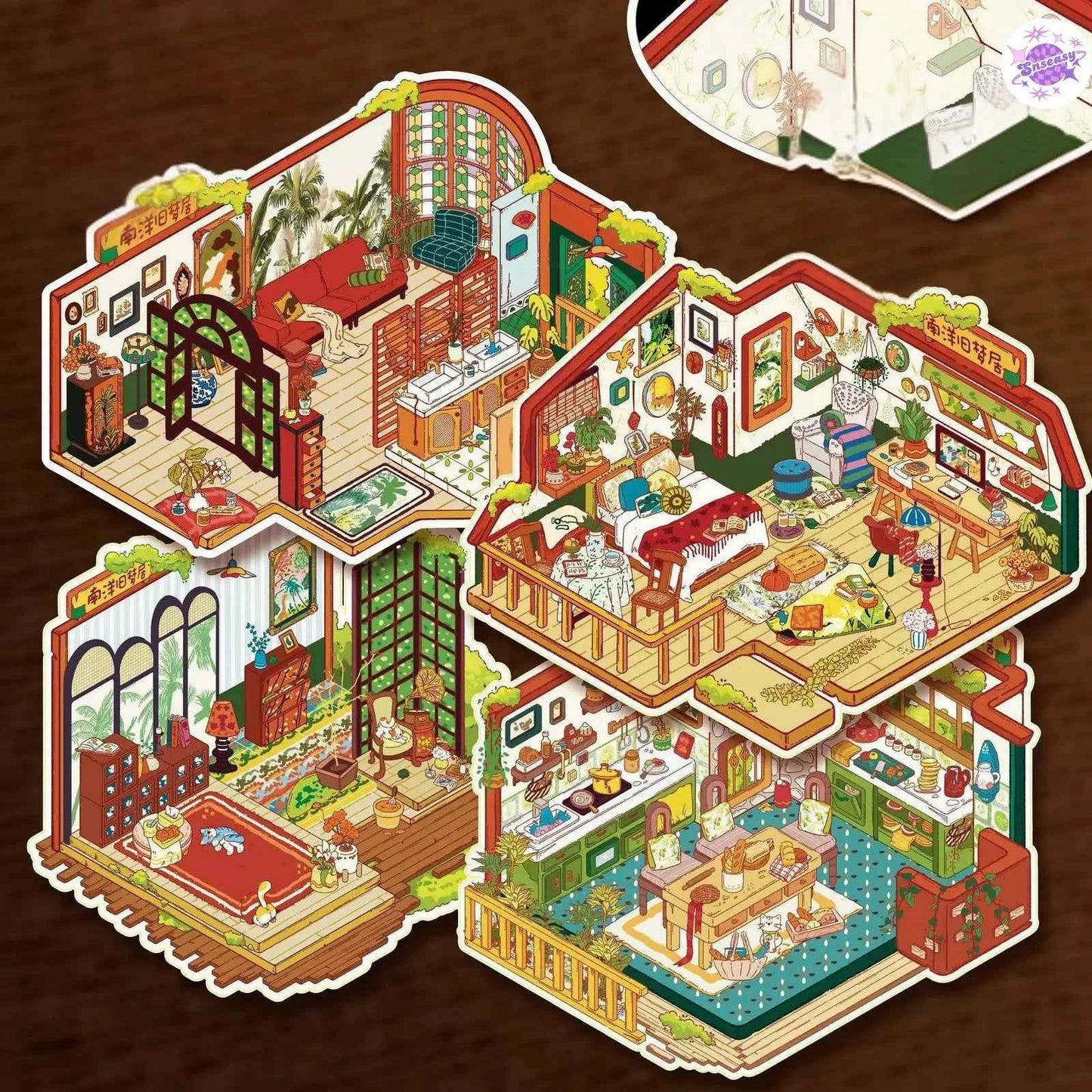 Nanyang Series – 3D Miniature Sticker Scenes - 5 Theme Sets: Nanyang Living Room | Nanyang Foyer | Nanyang Bedroom | Nanyang Kitchen | Van Gogh Studio