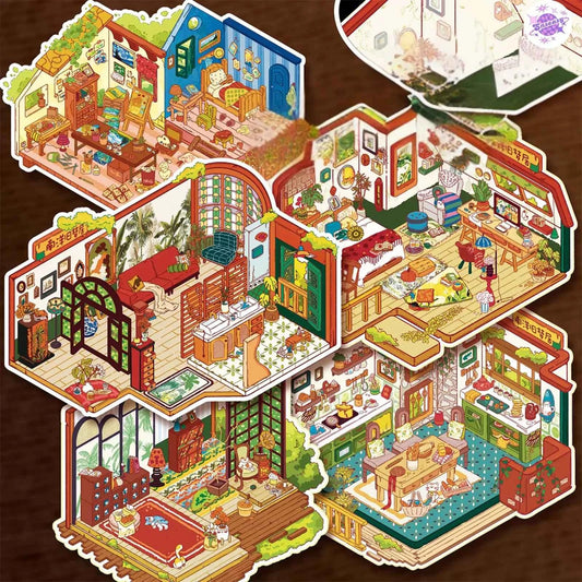 Nanyang Series – 3D Miniature Sticker Scenes - 5 Theme Sets: Nanyang Living Room | Nanyang Foyer | Nanyang Bedroom | Nanyang Kitchen | Van Gogh Studio