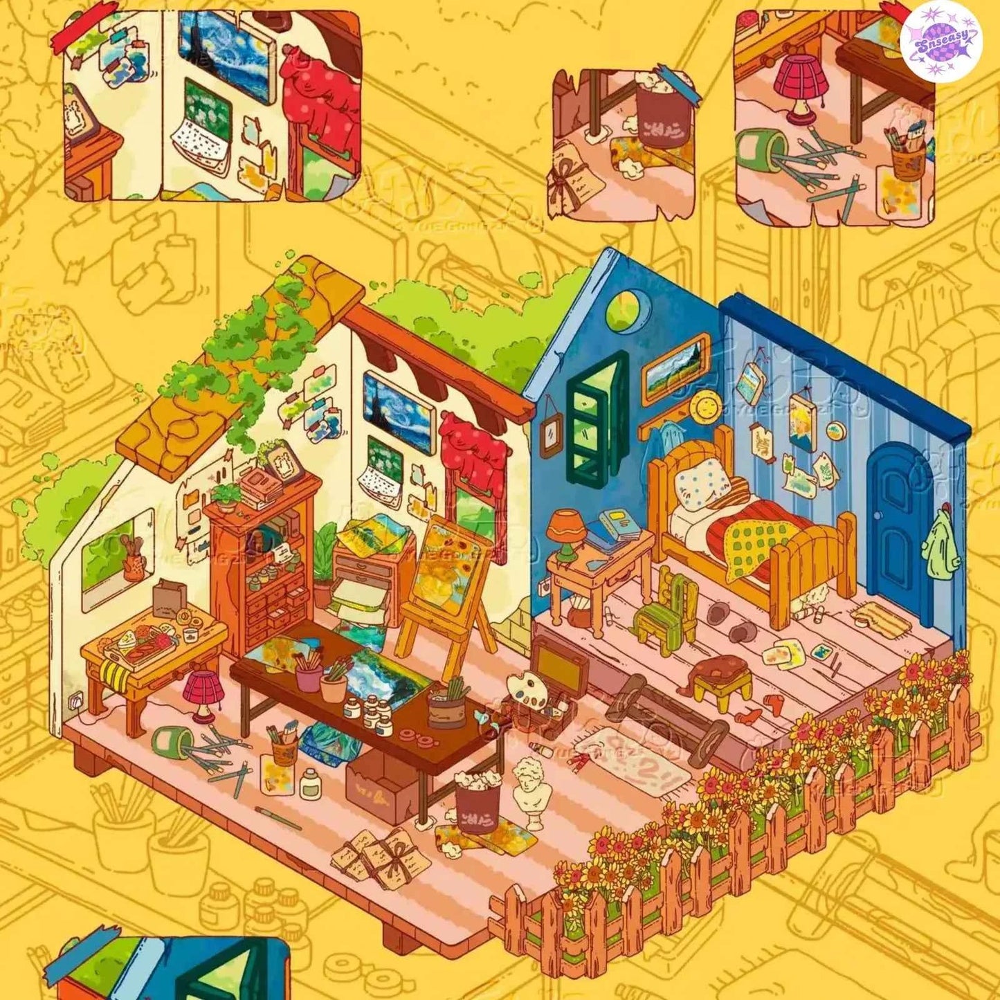Nanyang Series – 3D Miniature Sticker Scenes - 5 Theme Sets: Nanyang Living Room | Nanyang Foyer | Nanyang Bedroom | Nanyang Kitchen | Van Gogh Studio