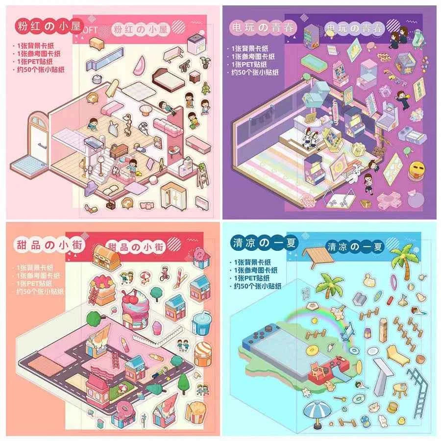 Childhood Dreams 3D Isometric Room Stickers - 4 Theme Sets: Pool Party | Arcade | Pink Loft | Dessert Street - SNSEASY