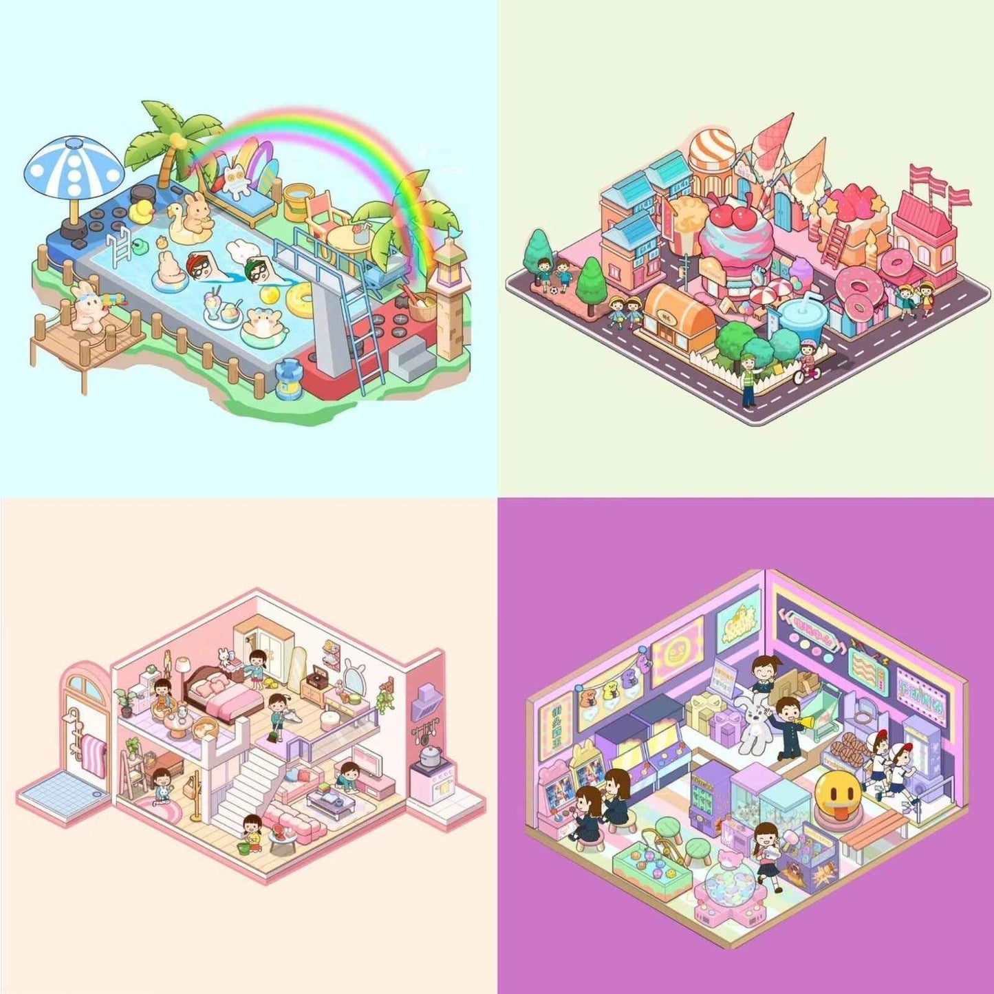 Childhood Dreams 3D Isometric Room Stickers - 4 Theme Sets: Pool Party | Arcade | Pink Loft | Dessert Street - SNSEASY