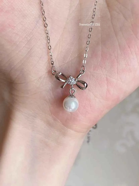 "Sweet Princess Bow" 925 Sterling Silver Pearl Necklace - Delicate, Elegant, and Royal